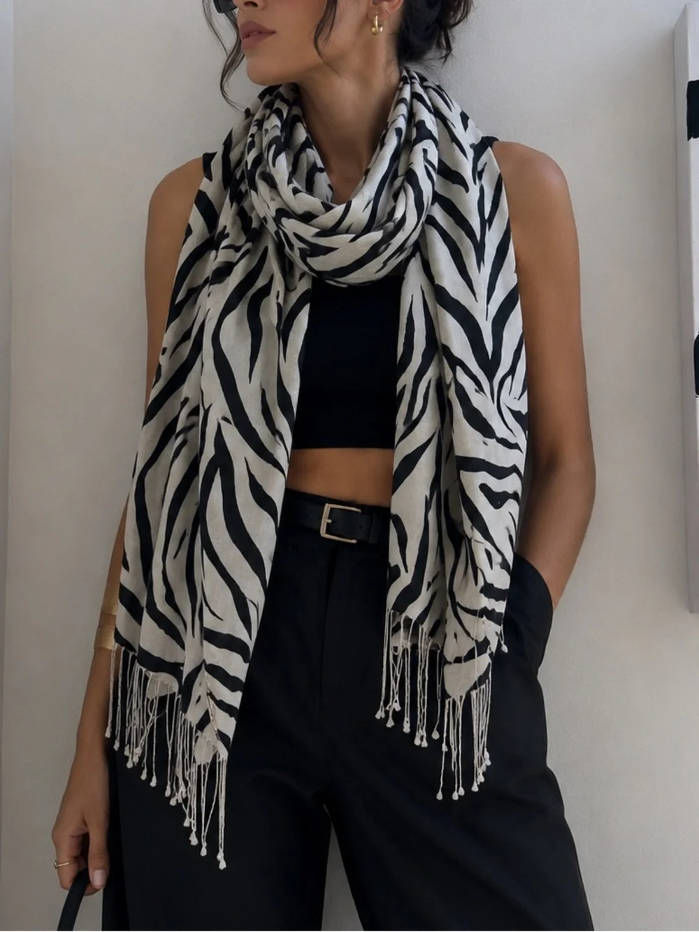 Tolani silk/pashmina Abstract Zebra Print Scarf Wrap Shawl Black Ivory Fringe